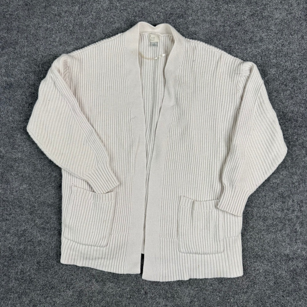 A New Day Cardigan Womens Size L Cream Ribbed Knit Open Front Pockets Good